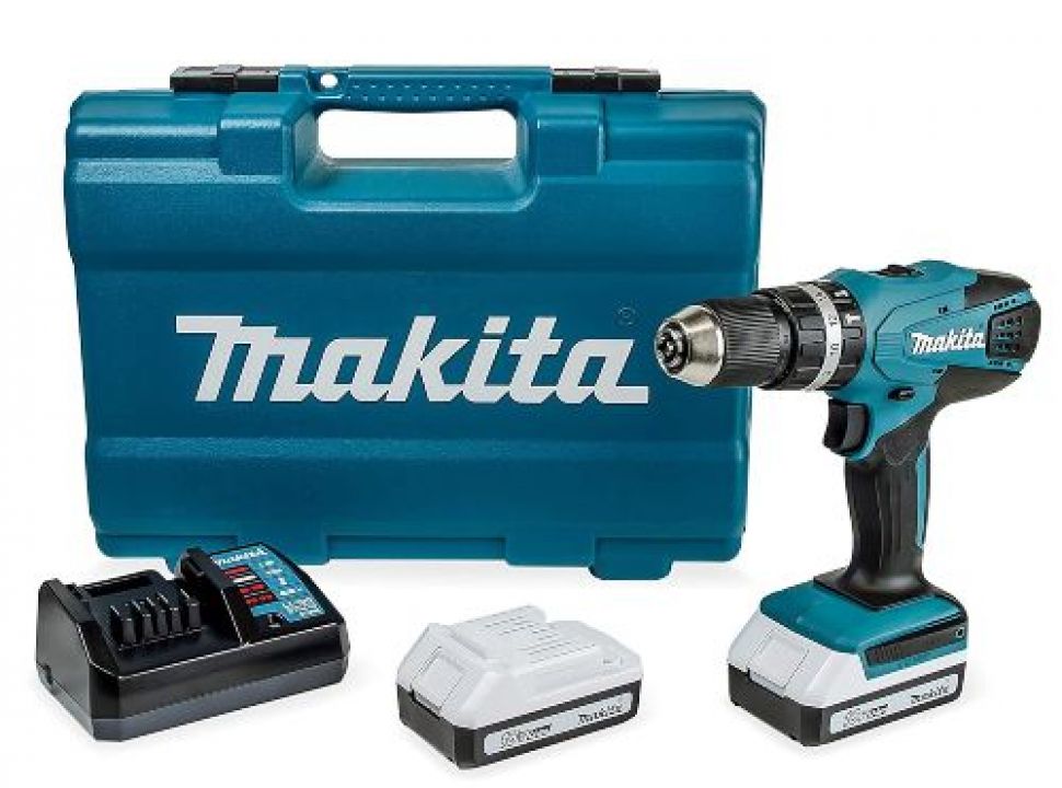 Taladro Percutor A Bateria Makita HP457DWE 18V Litio-Ion 1.5 Ah + Maletin,  Bateria y Cargador